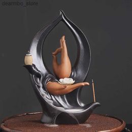 Arts and Crafts Zen Lotus Buddha Hand Backflow Incense Burner Ceramic Handicrafts Incense Stick Holder Home Frarance Decor Purple Clay Censer L49