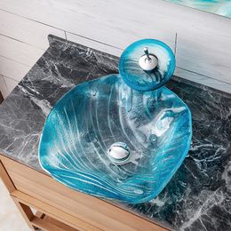 44*44*15cm Glass Sink Bathroom Washbasin Blue Gradient Colour Hotel Balcony Countertop Vessel Basin With Waterfall Faucet Sets