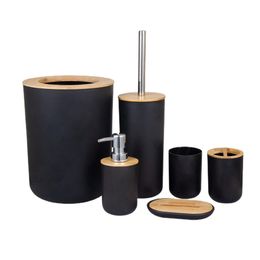 Bathroom accessories - set bamboo toothbrush holder, wooden table top, space saving shower room, hotel apartment - black