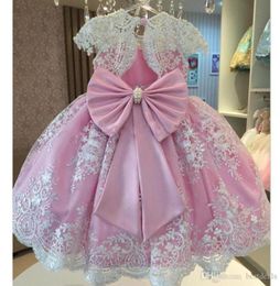 Classy Pink Pearls Lace Ball Gown Flower Girls Dresses For Wedding Appliques Birthday Gowns Floor Length Tulle First Communion Dre4847378