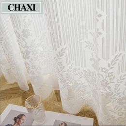CHAXI Solid White Striped Vertical Tulle Window Sheer Curtain for Living Room Bedroom Voile With Jacquard Hem Drape Custom Made