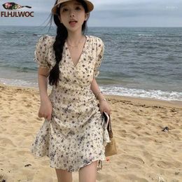 Party Dresses 2024 Summer Cute Sweet Girls Women Short Sleeve A Line Retro Vintage Korea Japanese Style Floral Robe Ruffles Dress