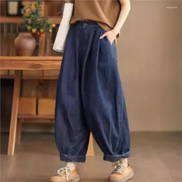 Women's Pants Johnature Women Vintage Denim Blue Wide Leg Linen Loose Casual Spring Trousers 2024 Pockets Button