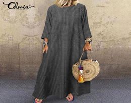 2020 Women Dress Celmia Plus Size Vintage Striped Dress Fashion Baggy Cotton Linen Long Sleeve Casual Loose Long Vestido 716600383