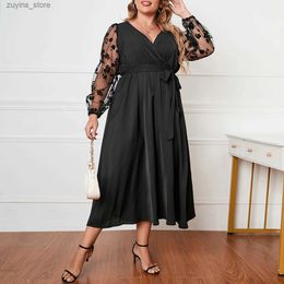 Basic Casual Dresses Plus Size Women Dress Ruched V Neck Floral Mesh Splicing Long Sleeve Belted Waist Flowy Loose Cocktail Party Gown Black Dress L49