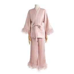 Luxury Feather Patchwork Kimono&pants Women Silk Satin Pyjamas Wedding Bride Sleep Set Loungewear Loose Bathrobe Gown Nightwear