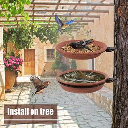 2 Layers Wall Hanging Bird Feeder Tray Bowl Tree Mounted Bird Bath Spa Include 2 Bird Trays Metal Rings Screws Attracts Birds