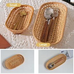 Oval Rattan Woven Storage Basket Bread Fruit Food Storage Tray Knife And Fork Baskets Breakfast Display Box Home Decoration