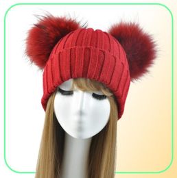 Winter Real Fur Ball Beanie Hat for Women Ladies y Double Natural Raccoon Fur Pom Pom Skullies Beanie Hat With 2 Pompom4899602