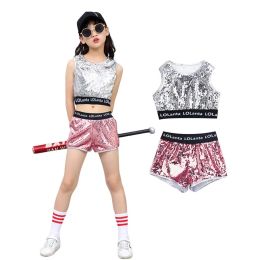 2024 Pink Sequin Crop Girls Tops Shorts Hip Hop Jacket Dancewear Costume Modern Jazz Dance Stage Performance Wear 4-14 Years