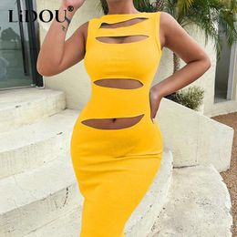 Casual Dresses 2024 Summer Round Neck Sleeveless Maxi Dress Women Cotton Screw Thread Hollow Out Sexy Ladies Slim Asymmetrical Robe