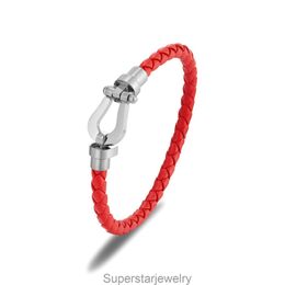 Leather Rope Bracelet Couple Woven Horseshoe Buckle Leather Bracelet Steel Wire Rope U-shaped Bracelet Fashion DIY Bracelet Red Rope