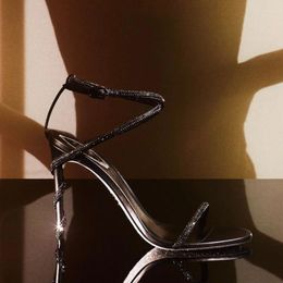 Dress Shoes Diamond Strap Snake-Wrap Heel Stiletto Sandals Woman Summer 2024 Black Open Toe Buckle Hollow High For Women