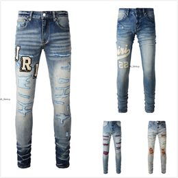 Designer Jeans for Mens Jeans Linen Pants Hip Hop Men Jeans Distressed Ripped Biker Slim Fit Motorcycle for Men Embroidery 145