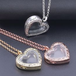 1Pc Carved Romantic Love Heart Glass Living Picture Locket Pendant Necklaces For Women Jewellery Diy Plain Relicario Collares Bulk