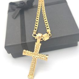 Cross 24 k Solid gold GF charms lines pendant necklace Curb Chain christian Jewellery factory wholecrucifix god gift276C