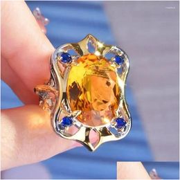 Cluster Rings 925 Sier Italian Court Carving Craft Yellow Diamond Colour Treasure For Women Light Luxury Retro Two-Color Open Ring Drop Otndi