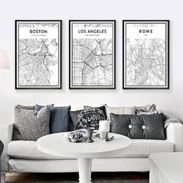 Black and White World City Map New York Milan Paris Wall Art Canvas Poster Prints Nordic Style Paintings Picture for Living Room