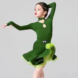 Stage Wear 2024 Girls Green Latin Dancing Performance Dress ChaCha Samba Dancewear Bodysuit Skirt Long Sleeve Competition Costume VDB8055