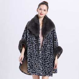 Women Big Pendulum Cardigan Cloak Winter Thick Faux Fur Triangle Neck Coat Batwing Sleeve Leopard Printed Long Warm Poncho Cape