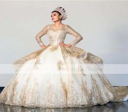 Champagne Quinceanera Dresses Ball Gown Scoop Long Sleeves Appliques Lace Sequins Girl Sweet 16 Party Dress1666842