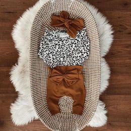 Trousers Autumn Baby Girls Clothes Set Outfits Long Sleeve Leopard Ruffle Rompers Tops Bow Tie Pants Headband Suit Infant Tracksuit 3PCs