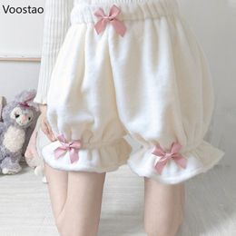 Autumn Winter Lolita Plush Safety Short Pants Women Kawaii Soft Bow Ruffles Pumpkin Shorts Homewear Girls Sweet Cute JK Bloomers