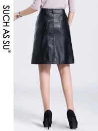 SUCH AS SU Fall Winter Skirts Women Brand Knee-Length PU Leather Skirt S M L XL XXL XXXL Size Single-Breasted Black Skirt Female