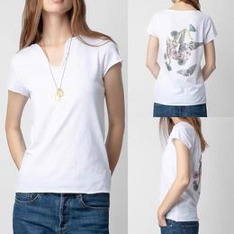 2024 French Fashion Brand ZV Classic Short-sleeved T-shirt V-neck Slim-fit Basic Casual T-shirt Skull Hot Drill U-neck Women's Short-sleeved T-shirt White New Casual Top