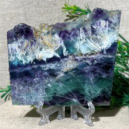 Decorative Figurines Natural Crystal Fluorite Slab Slice Stone Quartz Mineral Massive Gemstones Home Minerals Ornaments Decoration Stand