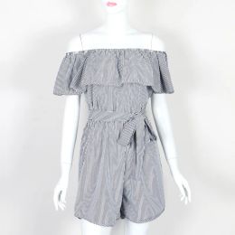 Slash Neck Jumpsuits Shorts Casual Summer Beach Women Overalls Femininos Blue Striped Playsuits 2024 Sexy Ruffles Playsuit GV571