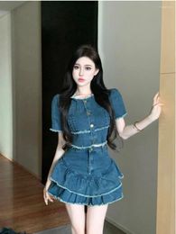 Work Dresses Sweet Girl Suit Women's Summer Long-sleeved Denim Top High Waist A-line Mini Skirt Two-piece Set Fashion Female Clothes