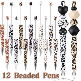 12Pcs DIY Beaded Pen Creative Print Flower Pattern Ballpoint Pens Leopard Cow Spot Gift School