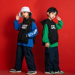 Kids Teenage Hip Hop Clothing Hoodie Jacket Vest Tops Streetwear Denim Pants For Girl Boy Jazz Dance Costume Concert Clothes