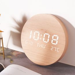 Solid Wooden LED Digital Wall Clocks Table Clock Temperature Date Time Display Alarm Clock Mute Clock Hanging Clock Desk Clock