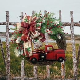 Decorative Flowers Christmas Red Truck Wreath Farmhouse Winter Wall Hanging Garland Decorations