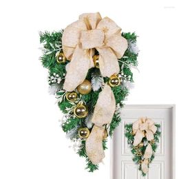 Decorative Flowers Christmas Teardrop Wreath Door Sign With Golden Bowknot Ball Hanging Festival Plant Decoration Garland
