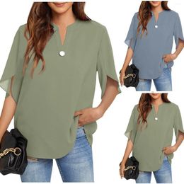 Women's T Shirts Fashion Casual Solid Colour V-Neck Chest Button Seven-Point Sleeve Short-Sleeved Top T-Shirt Women Blouse
