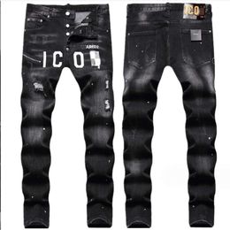 Designer Men's Jeans Trendy Brand Distressed Embroidery with Messy Threads Interior Zipper Decoration Digital Jeans Colour Printing Slim Fit Elastic Jeans for Men