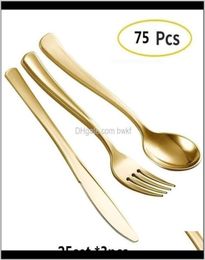 Sets Kitchen Dining Bar Home Garden Drop Delivery 2021 75Pcs Disposable Gold Cutlery Plastic Wedding Party Tableware Bronze Gold5669165