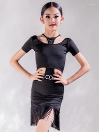 Stage Wear Butterfly Lace Back Latin Dance Dress For Girls Black Fringed Clothes Kids Cha Rumba Dancing Practise BL12476