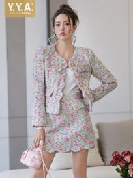 Luxury Women Wool Tweed Jacket Mini Skirt Two Piece Set Autumn Ladies Party Outfits Colourful Weave Diamonds Tassels Suit Set 240329