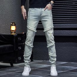 Men's Jeans American High Street Vintage Washed Frayed Casual Fashion Stitching Trendy Slim Stretch Straight Trousers