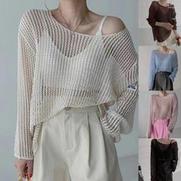 Women's T Shirts Knitted Cover Up Sweater Top Casual Loose Hollow Out Meshes Long Sleeve Shirt Pullover 2024 Summer Outfit