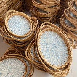 Handwoven Rattan Jewellery Storage Tray Nordic Style Colour Shell Fruit Plate Decor Fruit Cake Storage Basket Tea Storage Tray