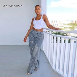 Women's Jeans ANJAMANOR Low Rise Fringed Ripped Baggy Light Blue Denim Trousers Cargo Pants Streetwear Boyfriend For Women D73FI90