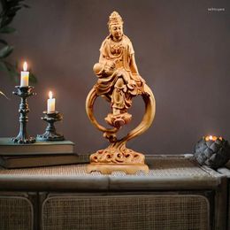Decorative Figurines Wooden Guanyin Buddha Bodhisattva Statue Hand-Carved Buddhism Figure Home Room Office Feng Shui 7.07 In