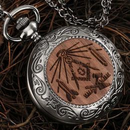 Pocket Watches Mens Masonic Freemasonry Chrome Square and Compass Mason Retro Wood Pocket Necklace Pendant FOB Chain Gifts for Freemason Y240410