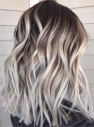 Smokey Ash Blonde 13x6 HD Lace Front Wig Shoulder Length Natural Wave Human Hair Wigs Blonde Balayage Highlights Dark Roots 150%