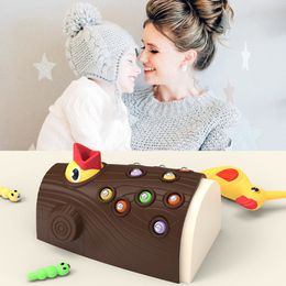 Montessori Baby Wooden Toys Magnetic Woodpecker Catching Worms Feeding Fishing Game Set Educational Toys for Kids Birthday Gift